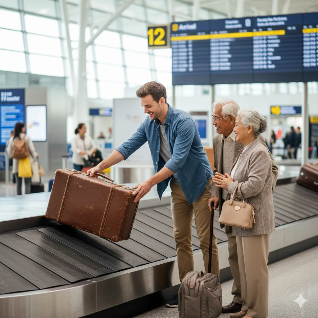 Companion helping an elderly traveler